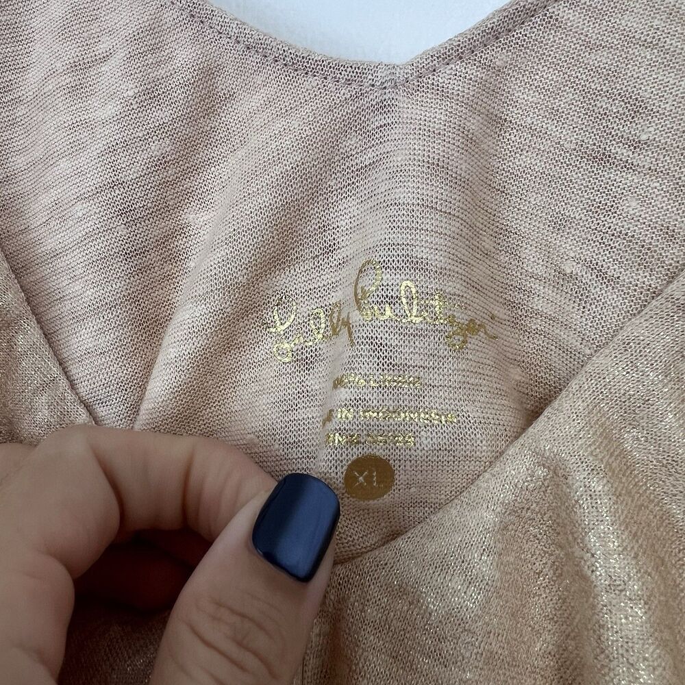 Lilly Pulitzer Alessa Gold Shimmer Linen Ruffle Top XL NWOT Preppy Vacation - Picture 4 of 9